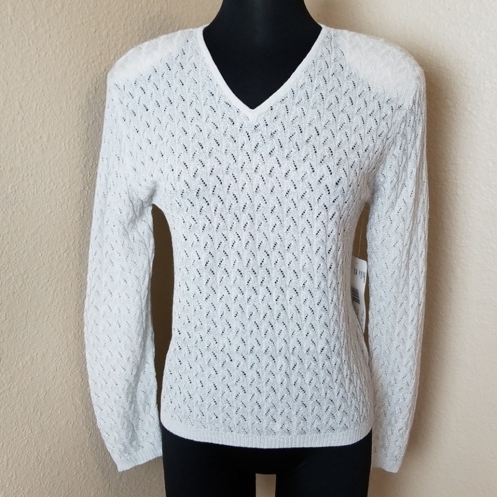 Jones New York Vneck Gray Open Weave Sweater